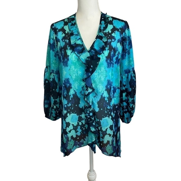 Chico's Black Label Aqua Blue Watercolor Floral Ruffle Front Blouse. Size 4 - Picture 1 of 11